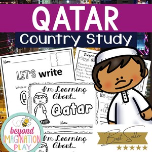 May include: Black and white printable worksheets for a country study about Qatar. The worksheets feature a cartoon character wearing traditional clothing, a passport, and the text "Let's write" and "I'm learning about... Qatar".