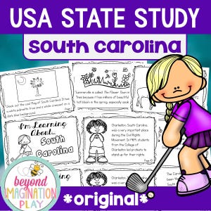 Hojas de trabajo para estudiar el estado de Carolina del Sur / Actividades de los 50 estados para niños / Imprimibles de geografía / Comprensión lectora / Datos curiosos / Geografía