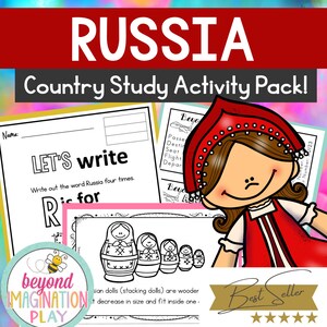 May include: A printable activity pack for learning about Russia. The pack includes a coloring page of a girl in a red dress and a red hat, a page with a Russian nesting doll, and a page with the letter R and the word "Russia". The text "Let's write" and "R is for" are also included. The pack is titled "Russia Country Study Activity Pack!" and has a "Best Seller" label with five stars.