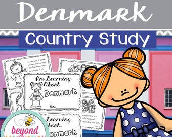 May include: Black and white printable activity booklet for kids to learn about Denmark. The cover features a cartoon girl holding a book with the text "I'm Learning About... Denmark".