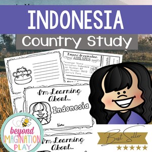 May include: A printable country study resource for learning about Indonesia. The resource includes a passport, boarding pass, and two "I'm Learning About..." pages with space for writing and drawing. The resource features a cartoon girl with black hair and a purple shirt.
