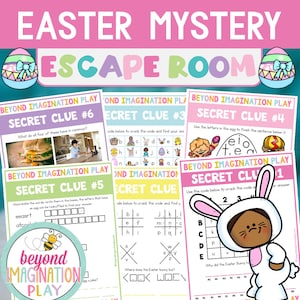 May include: A set of six colorful printable Easter escape room game cards with clues and puzzles. The cards feature a bunny, an egg, and other Easter-themed images. The text on the cards includes "Beyond Imagination Play", "Secret Clue", and numbers 1 through 6.