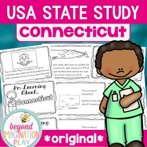 Hojas de trabajo para estudiar el estado de Connecticut / Actividades de los 50 estados para niños / Imprimibles de geografía / Comprensión lectora / Datos curiosos / Geografía