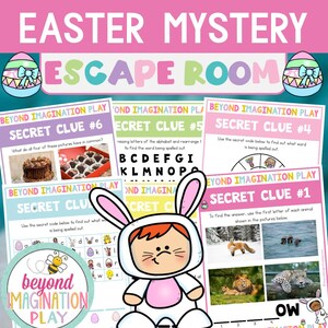 May include: A set of six printable Easter-themed escape room game cards. Each card features a different secret clue with a colourful design and a bunny rabbit illustration. The cards are titled "Beyond Imagination Play" and include clues numbered 1 through 6.