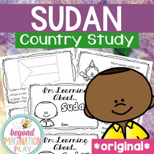 Könnte beinhalten: Ein farbenfrohes Lernmaterial mit dem Titel "SUDAN Country Study". Das Bild zeigt Arbeitsblätter mit der sudanesischen Flagge, einer Cartoonfigur und dem Text "I'm Learning About... Sudan". Das Wort "original" ist ebenfalls sichtbar.