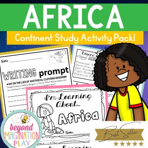 May include: A printable activity pack for learning about Africa. The pack includes a writing prompt, a colouring page, and an "I'm Learning About Africa" title page. The cover features a cartoon girl with brown skin and yellow clothing. The text "Best Seller" is in gold letters with five gold stars.