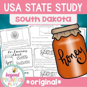 Hojas de trabajo para estudiar el estado de Dakota del Sur / Actividades de los 50 estados para niños / Imprimibles de geografía / Comprensión lectora / Datos curiosos / Geografía