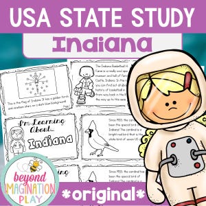 Puede incluir: Imprimible educativo sobre Indiana, con la bandera estatal, un cardenal y el Salón de la Fama del Baloncesto de Indiana. El texto incluye "USA State Study" y "I'm Learning About...Indiana". También hay un astronauta de dibujos animados.