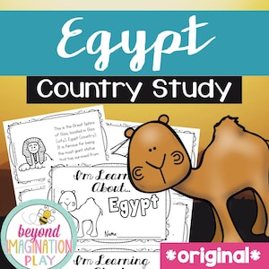 May include: Educational materials for a country study on Egypt. The image features the word "Egypt" in large white script, along with the words "Country Study." A cartoon camel and worksheets with illustrations of the Sphinx are also visible.