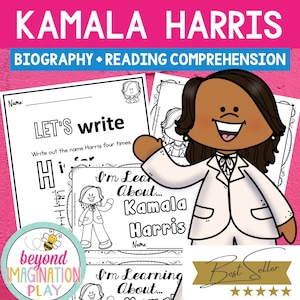 May include: Black and white illustration of Kamala Harris, the Vice President of the United States. The image includes the text "I'm Learning About... Kamala Harris".