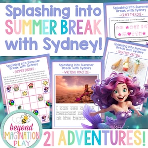 Op de afbeelding: Een kleurrijke illustratie van een zeemeermin met roze haar en een paarse staart. De tekst "Splashing into Summer Break with Sydney" is geschreven in een regenboogkleurig lettertype. De afbeelding bevat ook verschillende activiteiten voor kinderen, zoals een Sudoku-puzzel, een schrijfopdracht en een codekraakactiviteit. De tekst "21 Adventures!" is geschreven in een groot, kleurrijk lettertype.