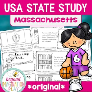 Hojas de trabajo para estudiar el estado de Massachusetts / Actividades de los 50 estados para niños / Imprimibles de geografía / Comprensión lectora / Datos curiosos / Geografía