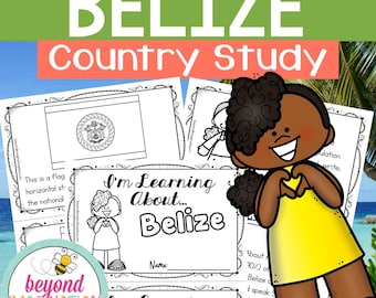 May include: Black and white printable worksheet for learning about Belize. The worksheet features a cartoon girl with a heart shape over her chest, a flag of Belize, and the text "I'm Learning About... Belize".