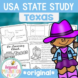 Puede incluir: Una actividad educativa imprimible para aprender sobre el estado de Texas. La actividad incluye un mapa de Texas, una página para colorear de una bota de vaquero y una página con información sobre la bandera del estado. El texto "I'm Learning About... Texas" aparece en la página.