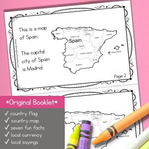 May include: A black and white map of Spain with the regions labeled. The text "This is a map of Spain. The capital city of Spain is Madrid." is printed above the map. The text "Page 2" is printed in the bottom right corner of the map. The text "*Original Booklet*" is printed in a box at the bottom of the image. A checklist of items included in the booklet is printed below the text. The checklist includes: country flag, country map, seven fun facts, local currency, and local sayings.