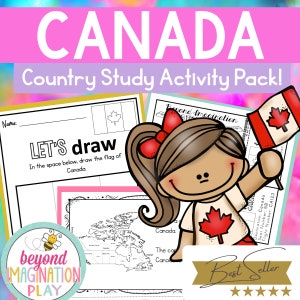 May include: A printable activity pack for children to learn about Canada. The pack includes a map of Canada, a flag drawing activity, and a "Let's Draw" activity. The pack is illustrated with a cartoon girl holding a Canadian flag.