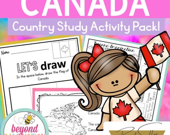 May include: A printable activity pack for kids to learn about Canada. The pack includes a map of Canada, a flag drawing activity, and a "Let's Draw" activity. The pack is illustrated with a cartoon girl holding a Canadian flag.