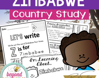 May include: Black and white printable worksheets for a country study about Zimbabwe. The worksheets feature a cartoon child, a plane ticket, and the words "Let's write" and "Z is for Zimbabwe".