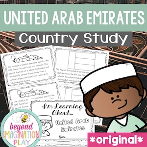 May include: Educational worksheet titled "United Arab Emirates Country Study" with illustrations of race cars and the UAE flag. Includes the text "I'm Learning About..." and a cartoon illustration of a child.