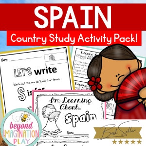 May include: A printable activity pack for learning about Spain. The pack includes a coloring page of a girl in a Spanish dress holding a fan, a writing activity, and a "I'm Learning About Spain" cover page.