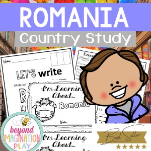 以下が含まれることがあります： ルーマニアの国について学ぶための白黒の印刷可能なワークシート。ワークシートには、笑顔のキャラクターと、頭にルーマニアの国旗をつけた牛が描かれています。「ルーマニアについて学んでいます…」というテキストがワークシートに記載されています。