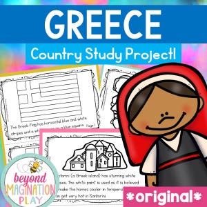 Puede incluir: Hoja de trabajo imprimible en blanco y negro con el texto "Greece Country Study Project!" y un dibujo de la bandera griega. La hoja de trabajo también incluye un dibujo de una mujer griega con un vestido rojo y una casa blanca con una puerta azul.