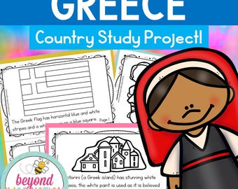 May include: Black and white printable worksheet with the text "Greece Country Study Project!" and a drawing of the Greek flag. The worksheet also includes a drawing of a Greek woman wearing a red dress and a white house with a blue door.