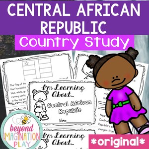 May include: A printable worksheet for a Central African Republic country study. The worksheet features a black and white illustration of a girl with a purple dress and a green bow. The worksheet also includes a black and white illustration of the Central African Republic flag. The text "I'm Learning About... Central African Republic" is printed on the worksheet.