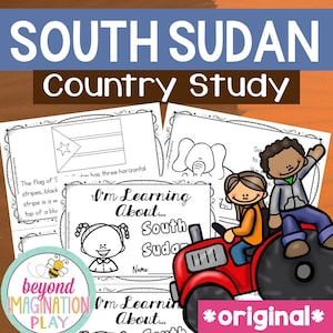 Könnte beinhalten: Ein farbenfrohes Lernmaterial mit dem Titel "South Sudan Country Study". Das Bild zeigt Arbeitsblätter mit Illustrationen der Flagge des Südsudan, einem Elefanten und Kindern auf einem roten Traktor. Der Text enthält "I'm Learning About..." und "original."