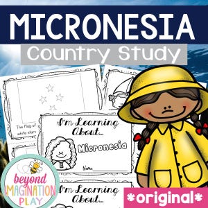 Puede incluir: Un recurso educativo colorido titulado "MICRONESIA Country Study". La imagen presenta una ilustración de dibujos animados de un niño con impermeable y sombrero amarillos, junto con hojas de trabajo sobre Micronesia. El texto incluye "I'm Learning About... Micronesia" y "original."
