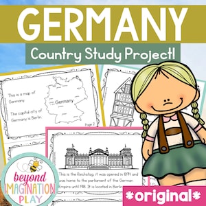 May include: Black and white printable worksheet for a country study project about Germany. The worksheet includes a map of Germany, a drawing of the Reichstag building, and a cartoon illustration of a girl wearing traditional German clothing. The text on the worksheet reads "This is a map of Germany. The capital city of Germany is Berlin." and "This is the Reichstag; it was opened in 1894 and was home to the parliament of the German Empire until 1918. It is located in Berlin."