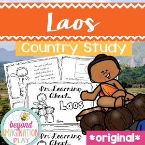 Könnte beinhalten: Lehrmaterialien für eine Laos-Länderstudie. Das Bild zeigt das Wort "Laos" in Weiß, darunter "Country Study". Es gibt Schwarz-Weiß-Illustrationen und den Text "I'm Learning About... Laos."