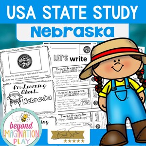 May include: A printable educational activity for learning about the state of Nebraska. The activity includes a colouring page of a girl wearing a blue overall dress and a straw hat, a page with a state flag, and a page with a "Let's Write" prompt. The text "Beyond Imagination Airlines" is on a boarding pass.