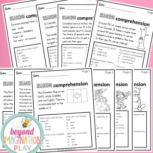 May include: A black and white worksheet with a Canadian flag illustration and text about Canadian facts. The text includes questions about the Canadian flag, maple syrup, and hockey. The worksheet is titled "Reading Comprehension".