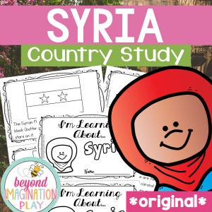 May include: A colorful educational worksheet set for a Syria country study. The image features the word "SYRIA" in large pink letters, with "Country Study" in green. Includes a cartoon illustration of a person wearing a red hijab and worksheets with the Syrian flag.