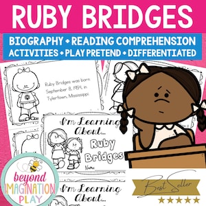 Op de afbeelding: Zwart-witte printbare activiteitenset voor kinderen met Ruby Bridges, een icoon van de burgerrechten. De set bevat een biografie, leesvaardigheidsactiviteiten, rollenspellen en gedifferentieerde activiteiten. De tekst "I'm Learning About... Ruby Bridges" staat op de omslag.