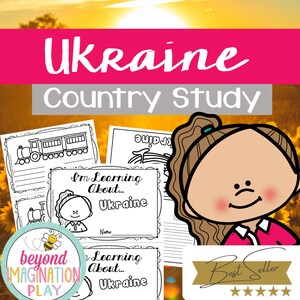 May include: An educational resource titled "Ukraine Country Study" with the text "I'm Learning About... Ukraine" on several pages. The image includes a cartoon illustration of a child and a "Best Seller" banner.