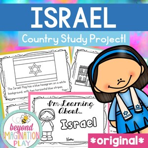 May include: Educational resource for an Israel country study project. The image shows the Israeli flag, a cartoon girl, and the text "I'm Learning About... Israel." The design includes the text "beyond IMAGINATION PLAY" and "original."