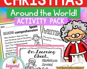 May include: A colorful educational activity pack titled "Christmas Around the World!" with text and illustrations. The pack includes reading comprehension and writing activities, with a "Best Seller" banner and a cartoon of a woman in a Santa suit.