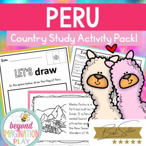 May include: A printable activity pack for learning about Peru. The pack includes a coloring page of Machu Picchu, a drawing activity for the Peruvian flag, and a coloring page of two llamas. The text "LET'S draw" and "Best Seller" are also included in the image.
