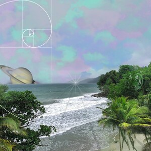 May include: A digital art illustration of a tropical beach scene with a ringed planet in the sky. The planet is partially submerged in the ocean. The beach is surrounded by lush green palm trees and a cloudy sky. The image is overlaid with a white spiral, suggesting the Fibonacci sequence.
