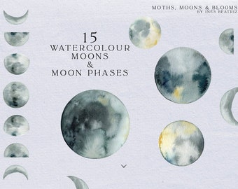 Watercolor Moons Clipart Set | Boho Celestial clipart | Moon phases - lunar phases - moon art | Digital clipart PNG