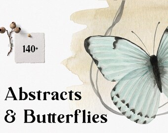 Abstrakcje i motyle Akwarele Clipart | Motyl Clipart | sztuka cyfrowa, tekstury akwarelowe, monogramy, ślub, zaproszenia, lineart