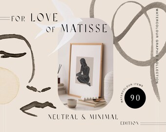 Matisse Neutral Watercolor Clipart | neutralny, lineart, abstrakcyjne kształty, boho, minimalistyczny, nowoczesny clipart, akwarela diy, ptaki, rośliny, ziemisty