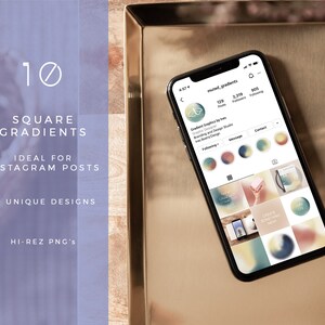 May include: A screenshot of an Instagram profile for "muted_gradients" showing 129 posts, 2,319 followers, and 905 following. The profile picture is a butterfly with a gradient of pink, orange, and yellow. The profile bio reads "Gradient Graphics by Ires Graphic Design Branding and Design Studio Interior and Brand Design." The profile has a variety of square gradient designs in different colors, including pink, orange, yellow, blue, and green.