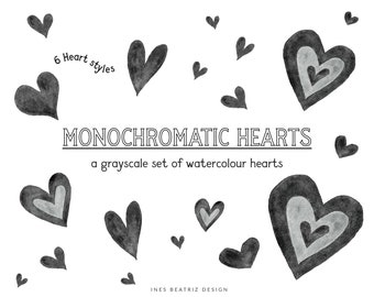 Monochromatyczne Serca Akwarela Clipart | czarno-biały, serca, boho, minimalistyczny, nowoczesny clipart, akwarela diy, szary, PNG
