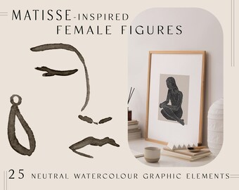 Matisse Female Figures Faces Watercolor set | lineart boho minimal neutralny kobiecy diy art zaproszenia karty wydruki cyfrowy clipart png