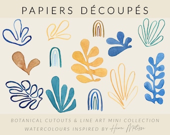 Matisse Botanical Cutouts Watercolor Clipart | Matisse, lineart, boho, minimalistyczny lineart, nowoczesny clipart, akwarela diy, rośliny