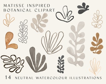 Matisse Botanical Cutouts Zestaw akwareli | neutralny, lineart, boho, minimalistyczny, rośliny, japandi, diy art zaproszenia ślubne ilustracje