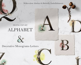 Motyl Clipart Alfabet | alfabet akwarelowy, monogram ślubny, litery boho motyli, abstrakcyjna akwarela, PNG, monogramy boho